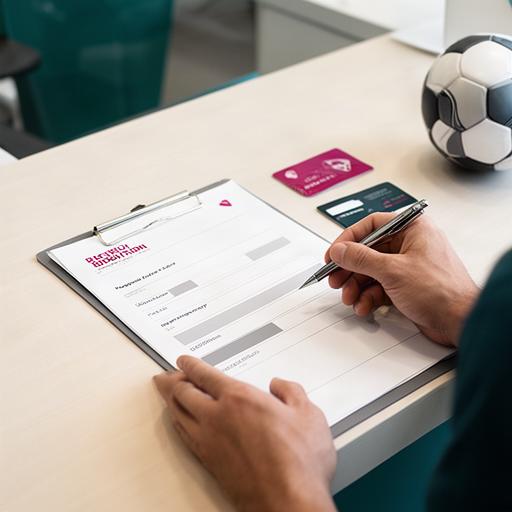 Persona cumplimentando un registro de jugador en una mesa de recepción deportiva